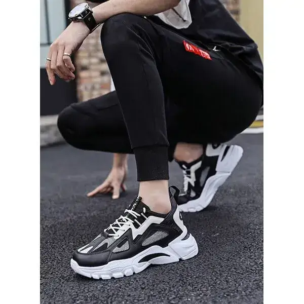 Mens Colorblock Mesh Sneakers | Breathable Lightweight Platform Casual Shoes in White Blue, White Red, Black