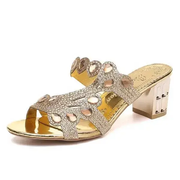 Womens Rhinestone Slippers | Elegant PU Chunky Heel Round Toe Shoes in Beige, Black, Green, Royal Blue