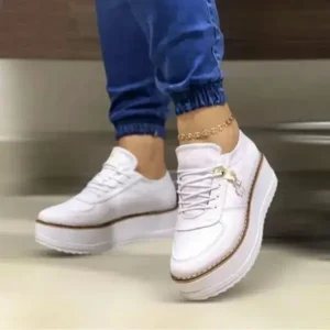 Techtreezone Women Fashion Round Toe Solid Color Pu Hidden Wedge Lace-Up Low Top Sneakers Shoes