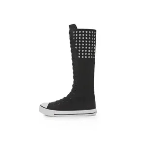 Techtreezone Women Fashion Rivet Decor Side Zipper Canvas High Boots