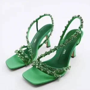 Techtreezone Women Fashion Plus Size Sexy Rhinestone Strap Square Toe Heeled Sandals