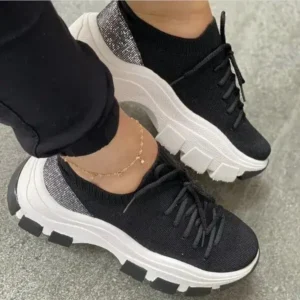 Techtreezone Wedge Heel Flying Woven Colorblock Lace-Up Sneakers Large Size Casual Low Top Women Shoes