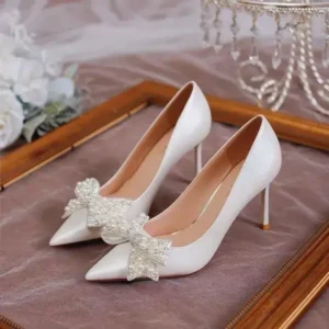 Techtreezone Women Fashion Sexy Pointed Satin Pearl Pointed Toe Shoes