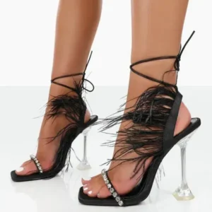 Techtreezone Women Fashion Sexy Rhinestone Feather Decorative Solid Color High Heel Sandals Shoes