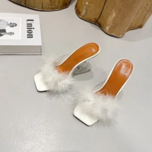 Techtreezone Women Fashion Sexy Feather Decoration Solid Color Chunky High Heel Slippers Shoes