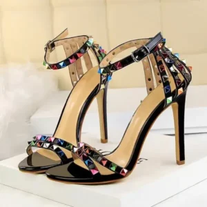 Techtreezone Fashion Women Sexy 11cm High Heels Rivets Studded Sandals Ankle Buckle Strap Stiletto Shoes