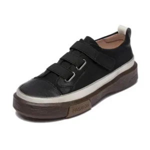 Techtreezone Women Vintage Casual Velcro Design Round Toe Color Blocking Platform Genuine Leather Sneakers