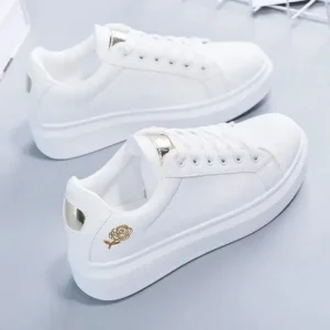 Techtreezone Women Casual Fashion Rose Embroidery Thick-Soled Comfortable PU Leather White Sneakers