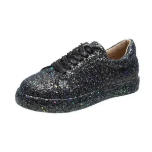 Techtreezone Women Creative Casual Sequined Solid Color Lace-Up Low-Top Flat Sneakers