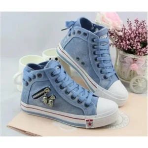 Techtreezone Women Casual Spring Zipper Decor Lace-Up High Top Denim Canvas Sneakers