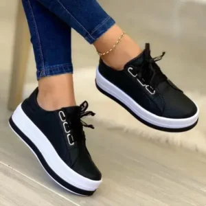 Techtreezone Women Casual Round Toe Lace-Up Block Color Platform Shoes PU Sneakers