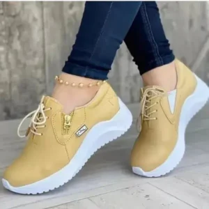 Techtreezone Women Casual Round Toe Low Cut Lace-Up PU Side Zipper Design Solid Color Sneakers