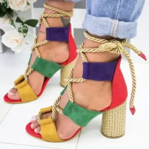 Techtreezone Women Fashion Sexy Cross Hollow Lace Up Design Color Blocking High Heel Sandals Shoes