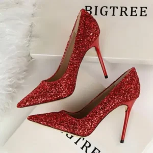 Techtreezone Women Sexy Shining Sequins Decor Pointed-Toe Stiletto Shoes Pumps