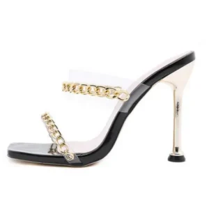 Techtreezone Women Sexy Plus Size Metal Chain Square-Toe High Heel Sandals