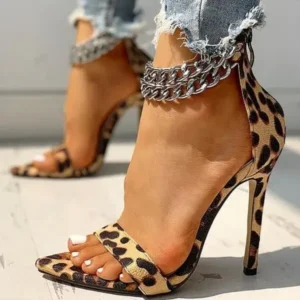 Techtreezone Women Sexy Metal Chain Buckle Ankle Strap Animal Printed High Heels