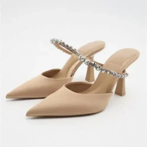 Techtreezone Summer Women Plus Size Fashion Casual Rhinestone Pointed Cover Toe High Heel Slippers