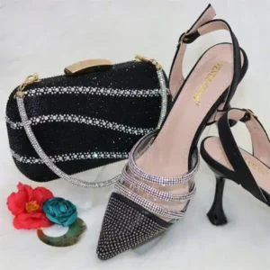 Techtreezone Women Classic Black Pointed Shoes Transparent Pvc Rhinestone Chain Square Hand Bag Set