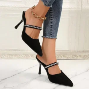 Techtreezone Summer Women Fashion Plus Size Elegant Pointed Toe Strap Rhinestone Stiletto Heel Slippers