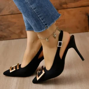 Techtreezone Summer Women Fashion Casual Plus Size Solid Color Pointed Toe Metal Buckle Sling Back High Heel Sandals