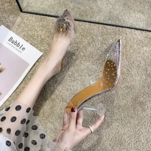 Techtreezone Women Fashion Sexy Rhinestone Decorative Pointed Toe Transparent High Heel Sandals