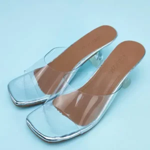 Techtreezone Women Fashion Casual Square Toe Transparent Design Mid Heel Slippers