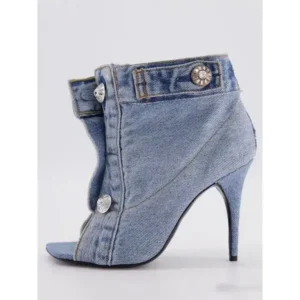 Techtreezone Women Fashion High Heel Denim Button High Top Boots