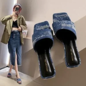 Techtreezone Women Fashion Casual PU Denim Square Toe Chunky Heel Slippers