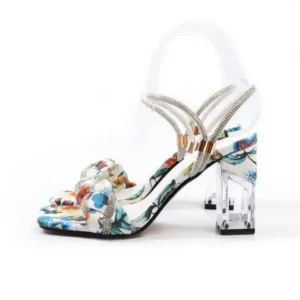 Techtreezone Women Fashion Sexy PU Rhinestone Floral Printed Square Toe Chunky Heel ?Sandals