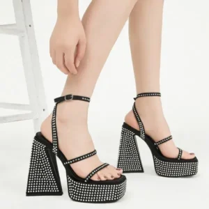 Techtreezone Women Fashion Sexy PU Rhinestone Solid Color Round Toe Platform Chunky Heel Ankle Strap Buckle Sandals6