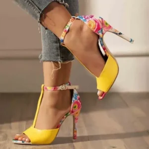 Techtreezone Women Fashion Sexy Floral Printed Peep Toe Stiletto Heel Ankle Strap Buckle Sandals