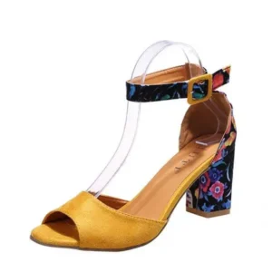 Techtreezone Women Fashion Sexy PU Floral Printed Peep Toe Chunky Heel Ankle Strap Buckle Sandals