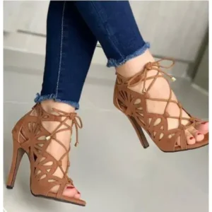 Techtreezone Women Fashion Sexy Solid Color Hollow Peep Toe Stiletto Heel Bandage Sandals