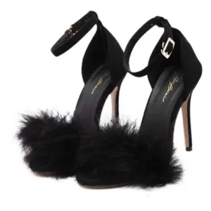 Techtreezone Women Fashion Sexy PU Solid Color Feather Peep Toe Stiletto Heel Ankle Strap Buckle Sandals