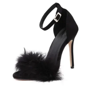 Techtreezone Women Fashion Sexy Solid Color Feather Peep Toe Stiletto Heel Ankle Strap Buckle Sandals