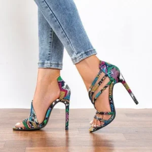 Techtreezone Women Fashion Sexy PU Snake Patterned Pointed Toe Stiletto Heel Sandals