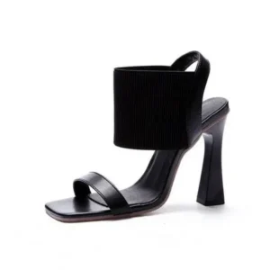 Techtreezone Women Fashion Elegant Solid ColorPU Square Toe Chunky Heel Elastic Sandals