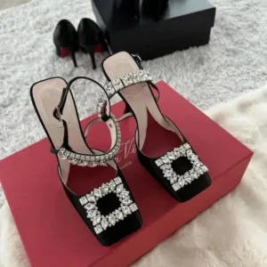 Techtreezone Women Fashion Elegant PU Square Toe Rhinestone Stiletto Heel Ankle Strap Buckle Sandals