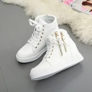 Techtreezone Women Fashion Solid Color Side Zipper Lace-Up Round Head Thick-Soled Sneakers