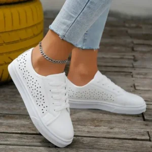 Techtreezone Women Fashion Solid Color Plus Size Hollow Lace-Up Round-Toe Sneakers