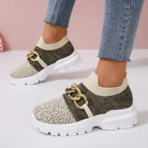 Techtreezone Women Fashion Color Block Metal Chain Thick-Soled Breathable Fly-Woven Sneakers