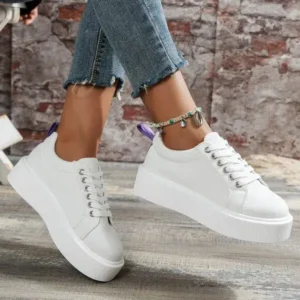 Techtreezone Women Fashion Solid Color Round-Toe Lace-Up Thick-Soled Sneakers