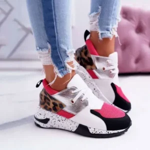 Techtreezone Women Casual Leopard Printed Patchwork Lace Up Sneakers