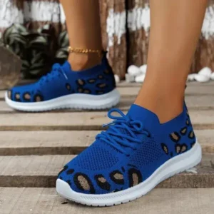 Techtreezone Women Fashion Casual Leopard Print Round Toe Fly-Woven Stretch Sneakers