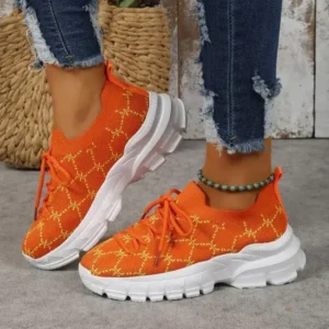 Techtreezone Women Fashion Plus Size Casual Flying Woven Lace-Up Round Toe Sneakers