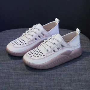 Techtreezone Women Fashion Casual Solid Color PU Lace-Up Hollow Breathable Sneakers