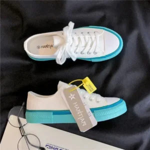 Techtreezone Women Fashion Cream Blue Canvas Lace-Up Sneakers