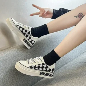 Techtreezone Women Fashion Platform Checkerboard Canvas Sneakers