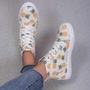 Techtreezone Women Fashion Round Toe Lace-Up Pineapple Strawberry Flat Sneakers