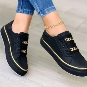 Techtreezone Women Thick Bottom Chain Casual Round Toe Fashion Pu Sneakers